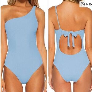 One-Shoulder Becca Light Blue Ribbed Swimsuit